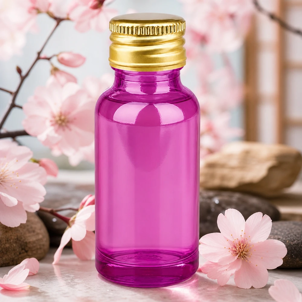 20 ml violett glasflaska för aromaterapi och eteriska oljor med guldlock