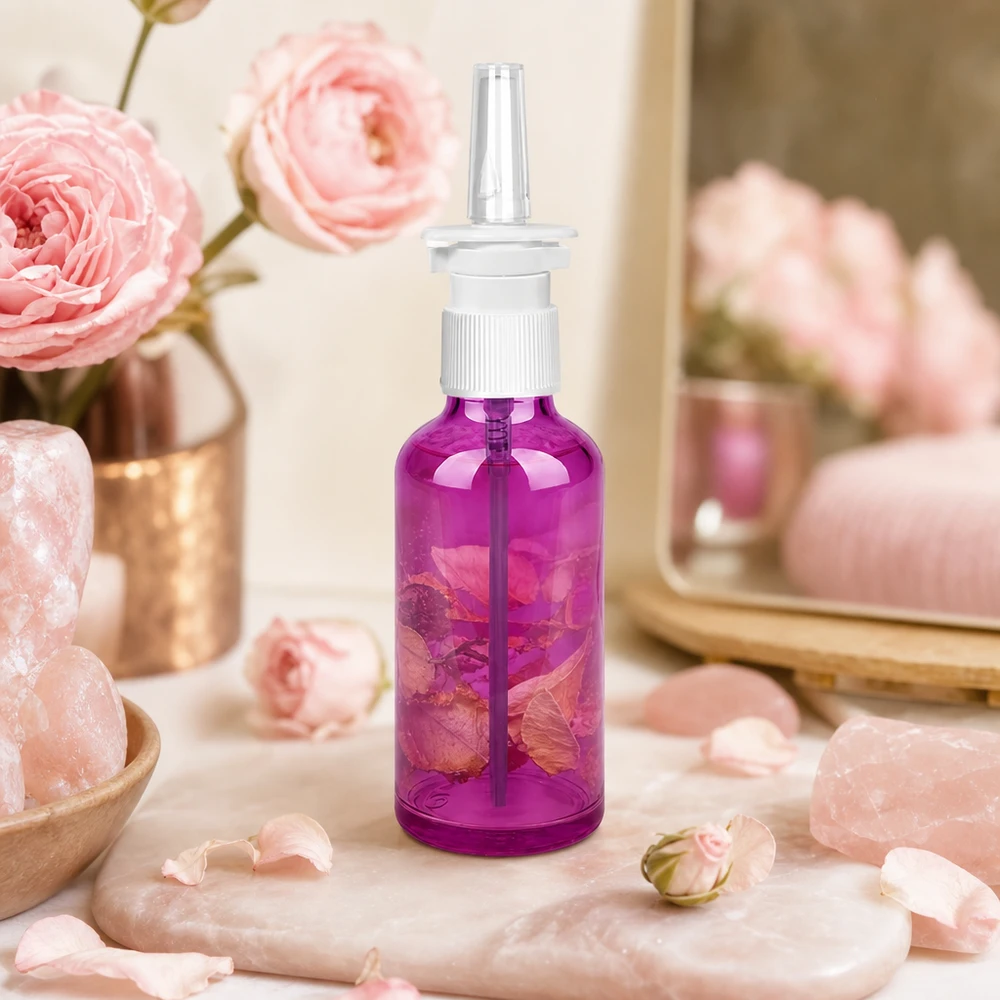 Högkvalitativ 50 ml nässprayflaska med vitt sprayhuvud i snyggt lila för aromaterapi