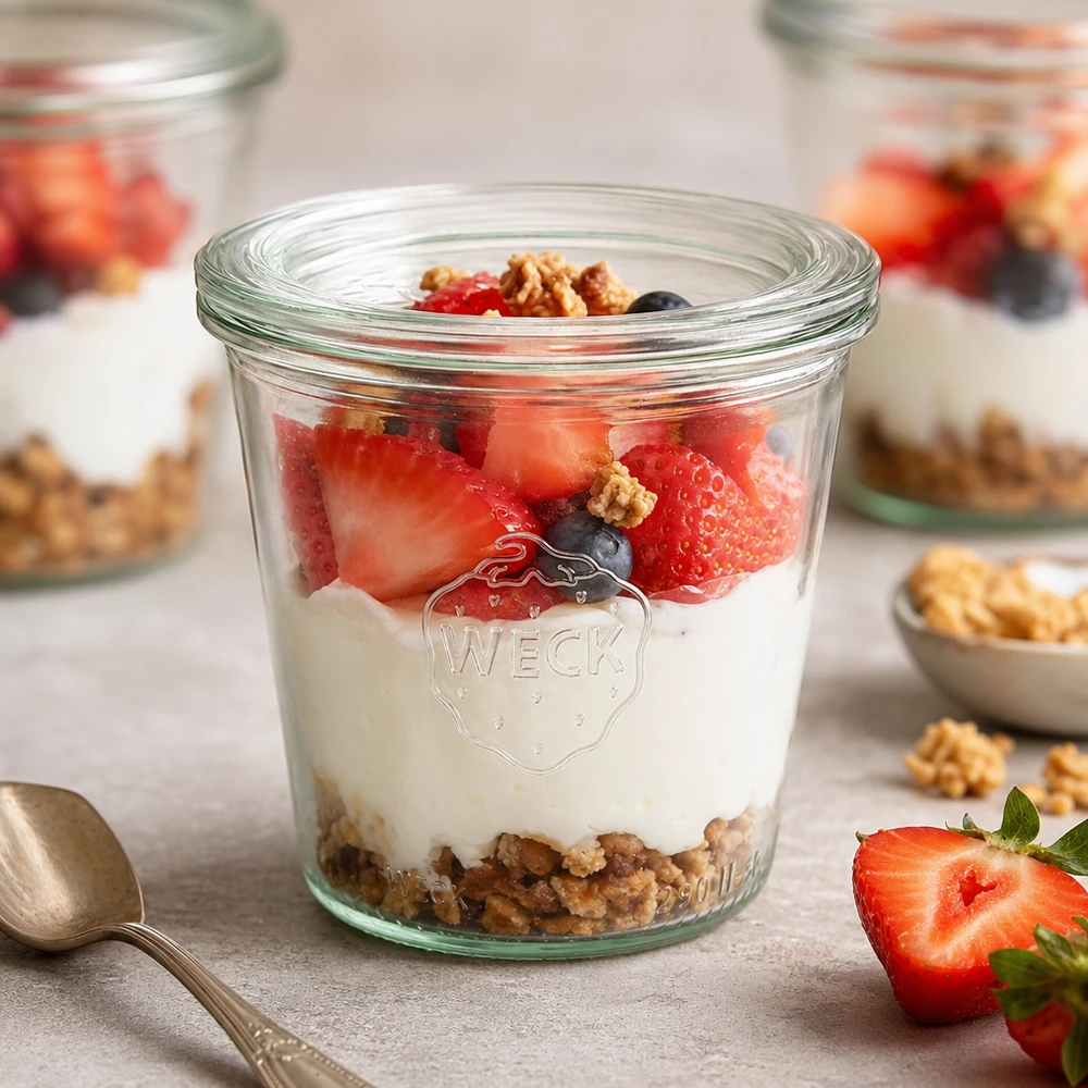 WECK muggar 290ml RR80 med en lagrad dessert av yoghurt jordgubbar blåbär och valnötter som en frukostidé