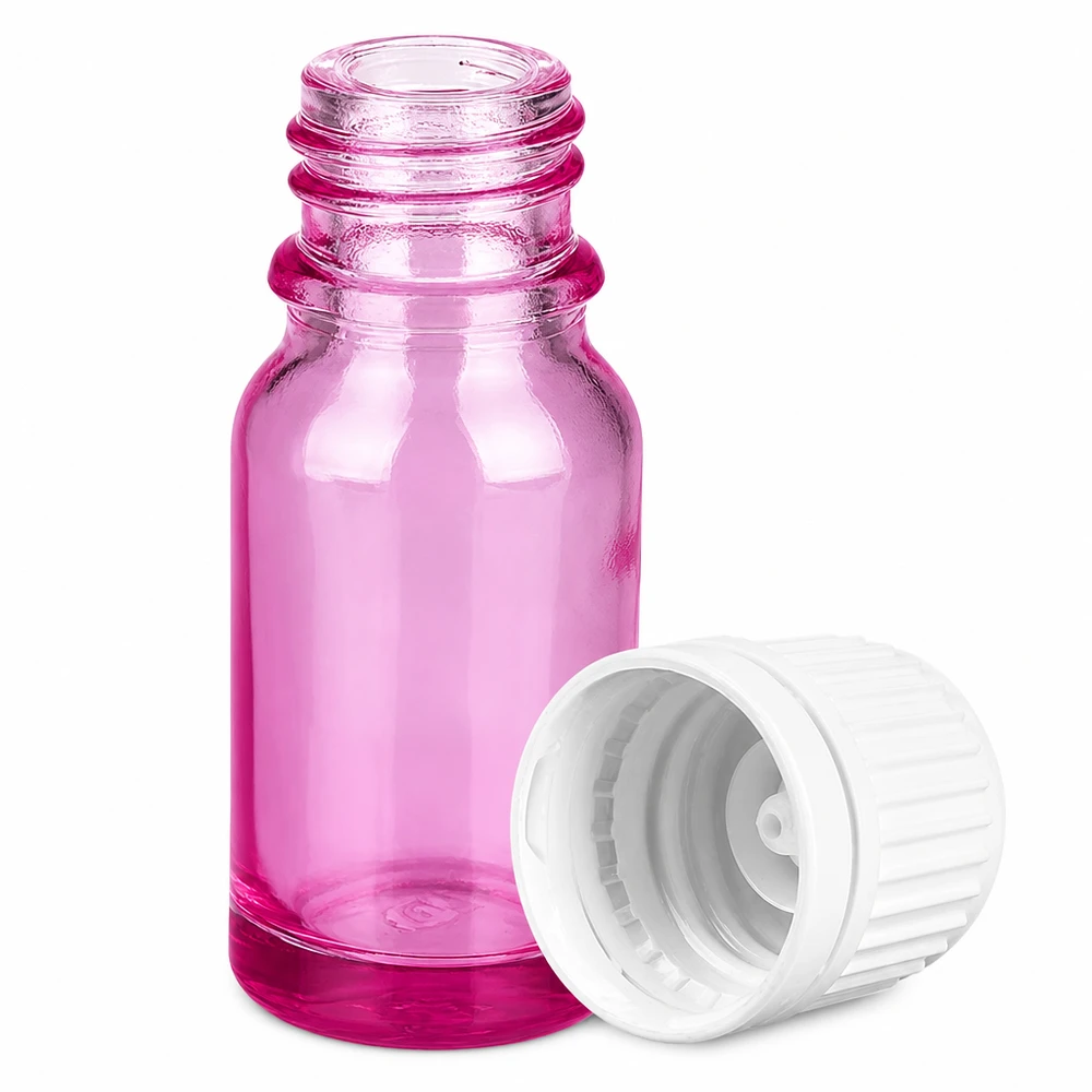 Liten 10 ml violett glasflaska med praktiskt vitt lock för aromaterapi och kosmetika