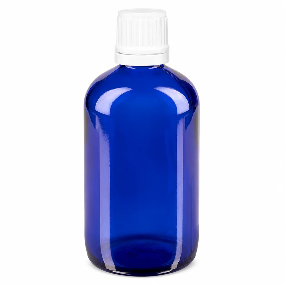 Apoteksflaska blå 100ml skruvkork vit manipulationsskyddad förslutning 100 ml blå apoteksflaska i glas med vitt skruvlock och säkerhetsförslutning, 11 mm