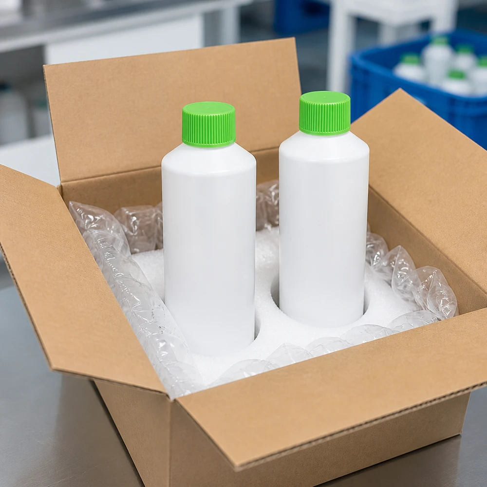 Apoteksflaska HDPE 100ml vit, med grönt skruvlock Två vita 100 ml HDPE-apotekflaskor med gröna skruvlock, säkert förpackade i en fraktkartong