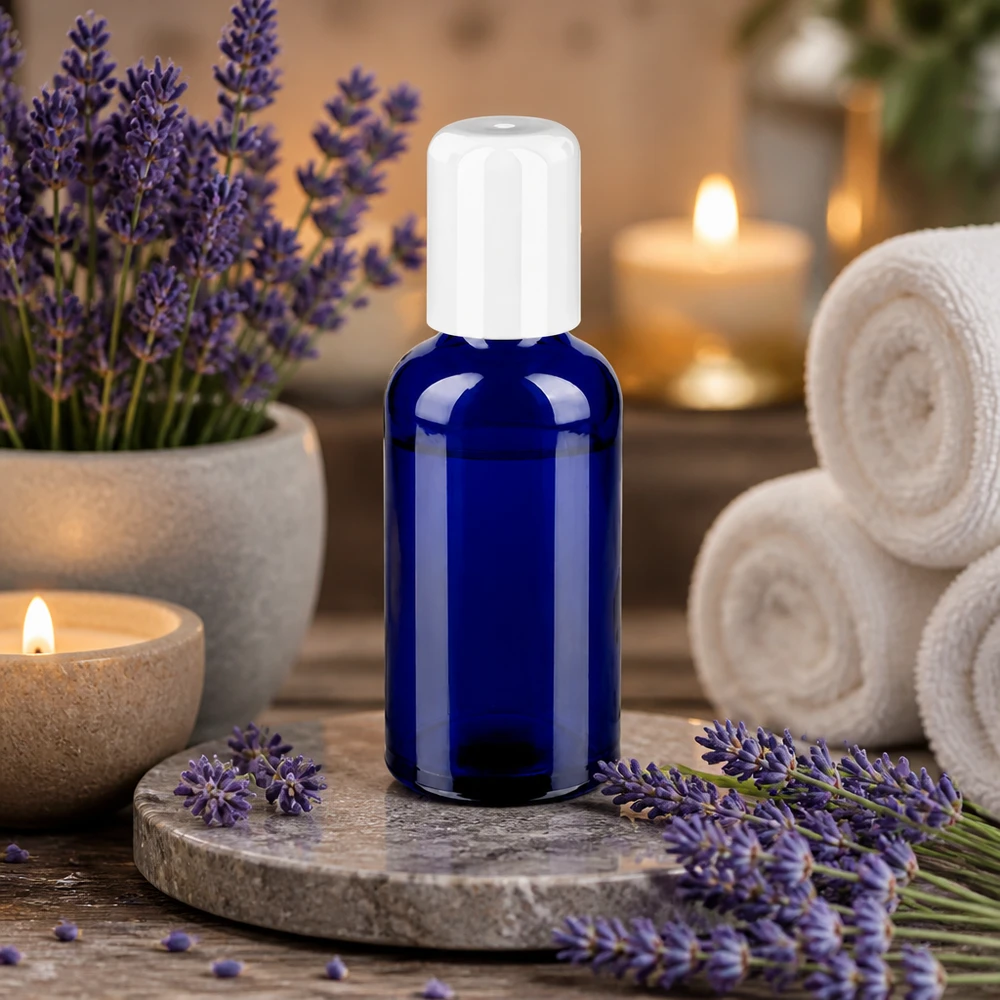 Blå glasflaska 50 ml med roll-on-lock för aromaterapi och naturvårdsprodukter