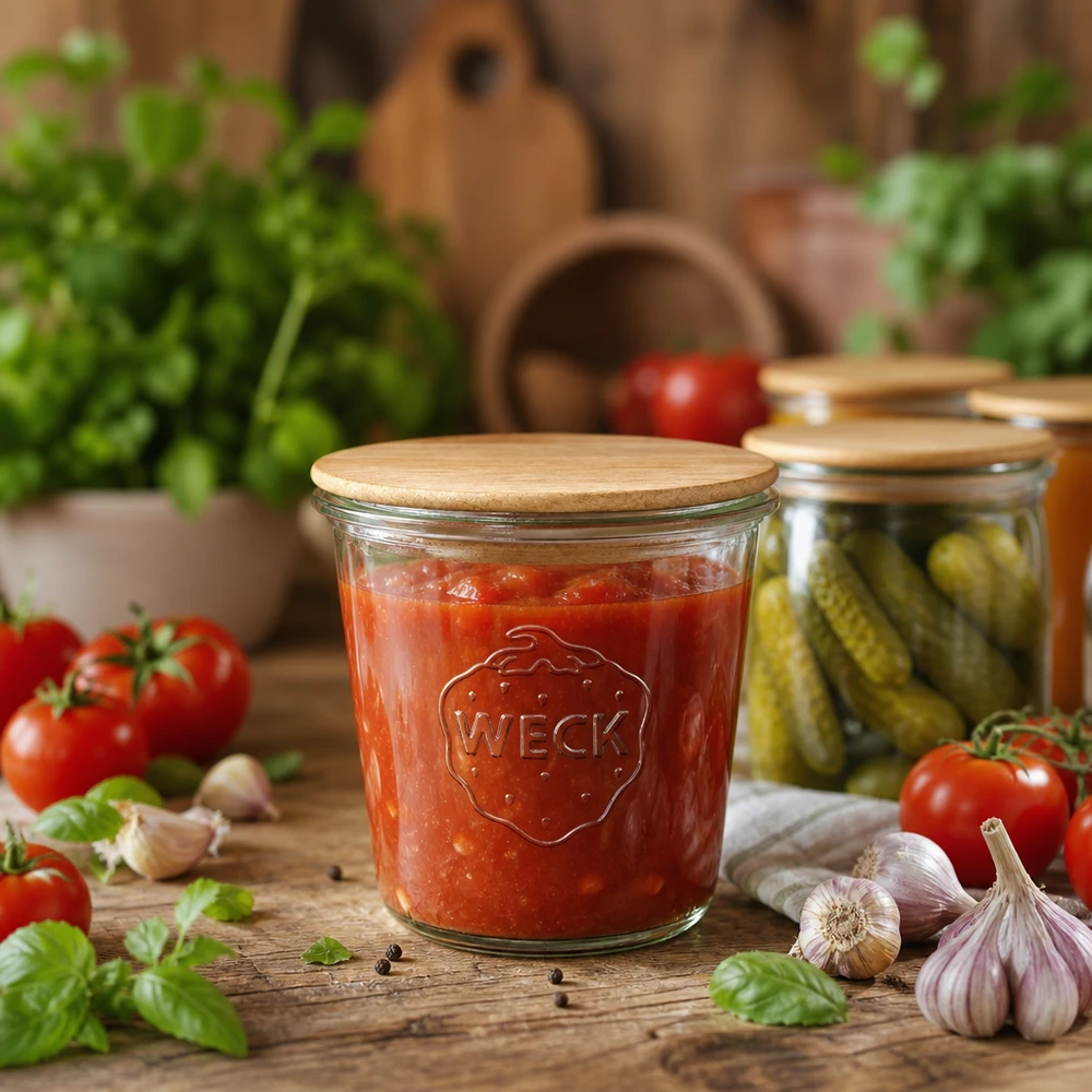 WECK konserveringsburk 580 ml med trälock fylld med tomatsås, omgiven av färska ingredienser och gurkor