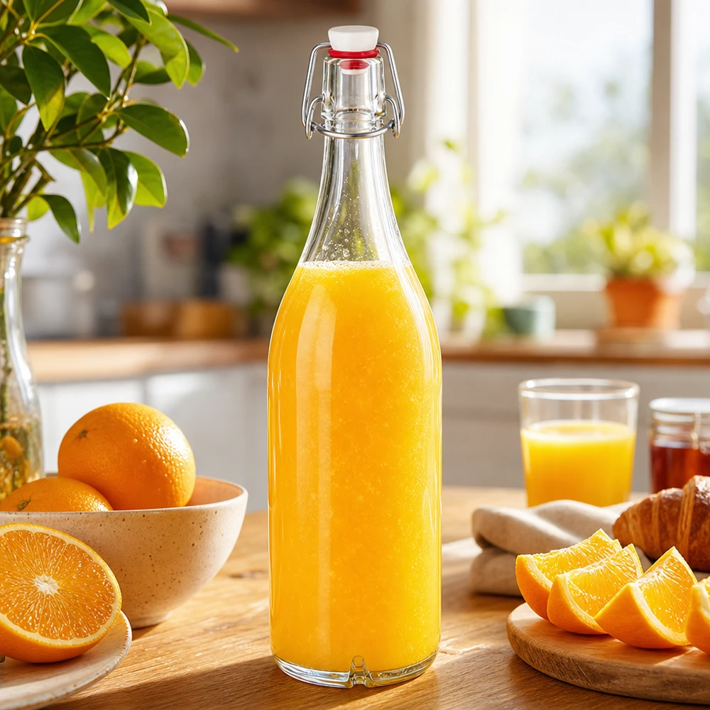1000ml glasflaska + svängbar topp porslin UNiTWIST 1000 ml glasflaska med svängbart lock fylld med färsk apelsinjuice bredvid apelsiner på köksbordet