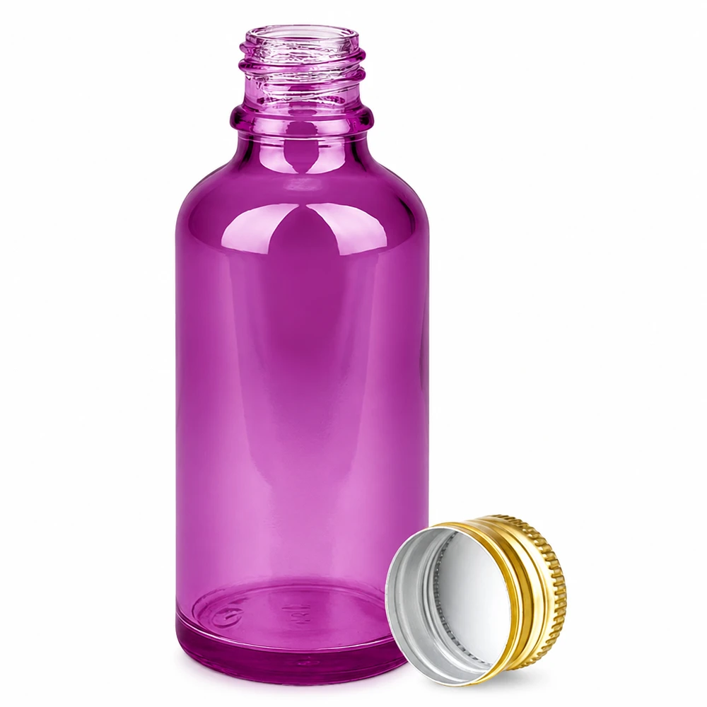50ml flaska 11mm skruvkork aluminium guld standard PurpleLine. UT18/50 Violett glasflaska 50ml med skruvlock 11mm SV för aromaterapi och naturkosmetik