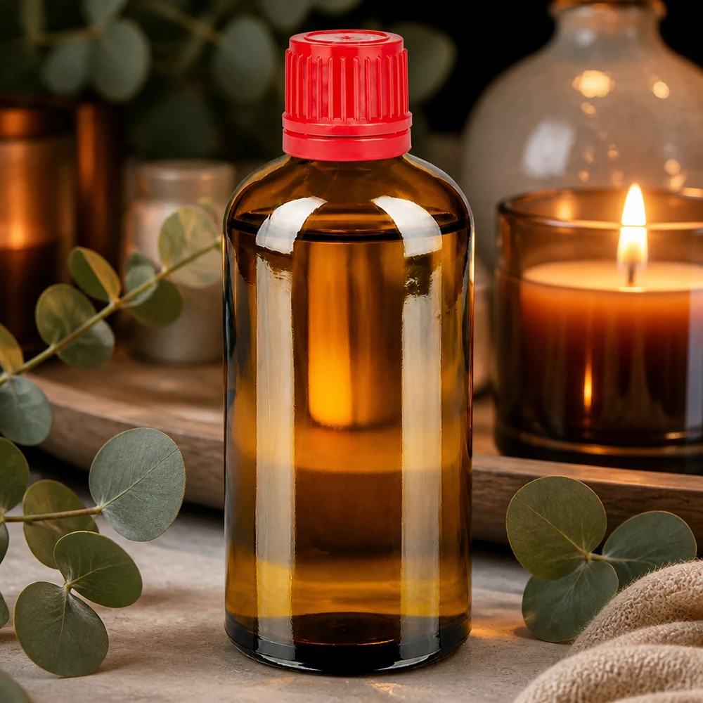 100ml flaska 11mm skruvkork röd med manipulationsskydd BrownLine UT18/100 Högkvalitativ 100 ml bärnstensfärgad glasflaska med rött manipuleringssäkert lock för farmaceutiska tillämpningar