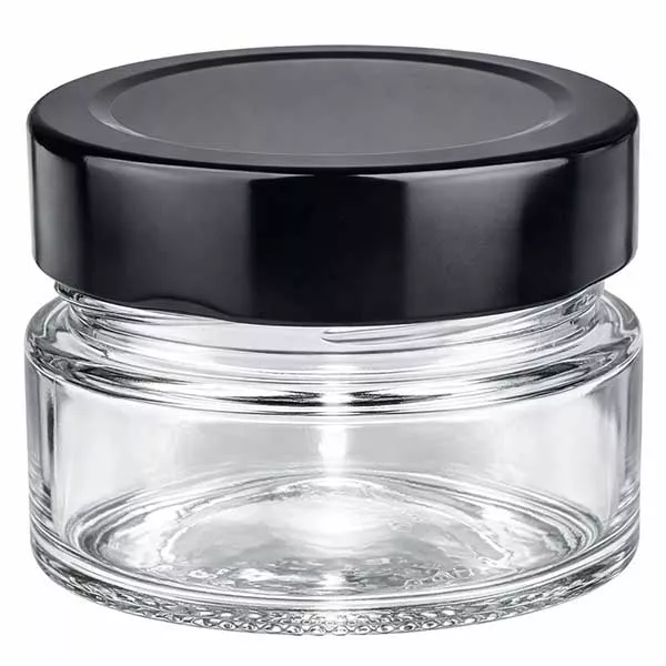 Rund glasburk 80 ml + lock BasicSeal svart djup UNiTWIST 80ml rund burk med svart BasicSeal lock UNiTWIST lock transparent tom kosmetikburk burk