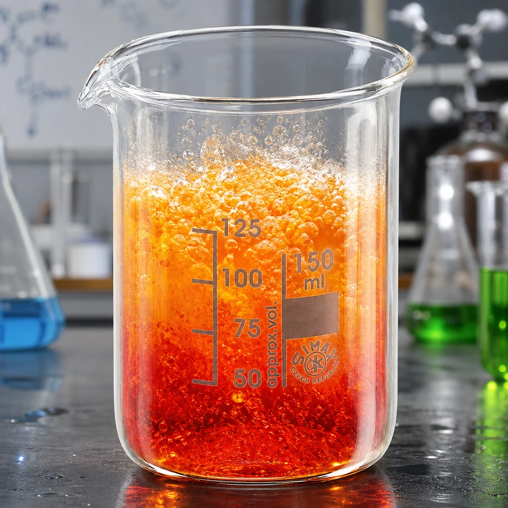 Bägare 150ml borosilikatglas, låg form Laboratoriebägare 150 ml lågformad med orangeröd reaktionslösning och tydlig milliliterskala