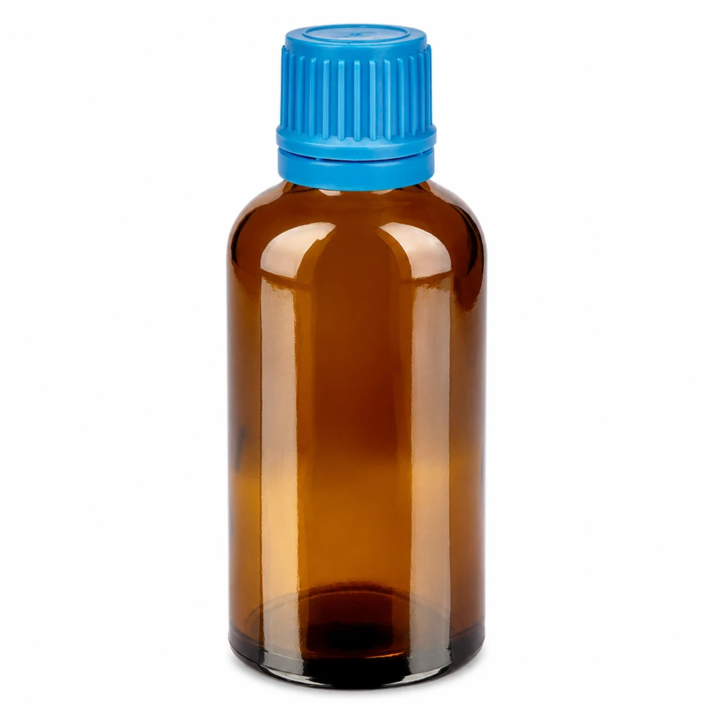 50ml flaska 11mm skruvkork blå med säkerhetsförslutning BrownLine UT18/50 50 ml bärnstensfärgad glasflaska med blått skruvlock för läkemedel och droppar