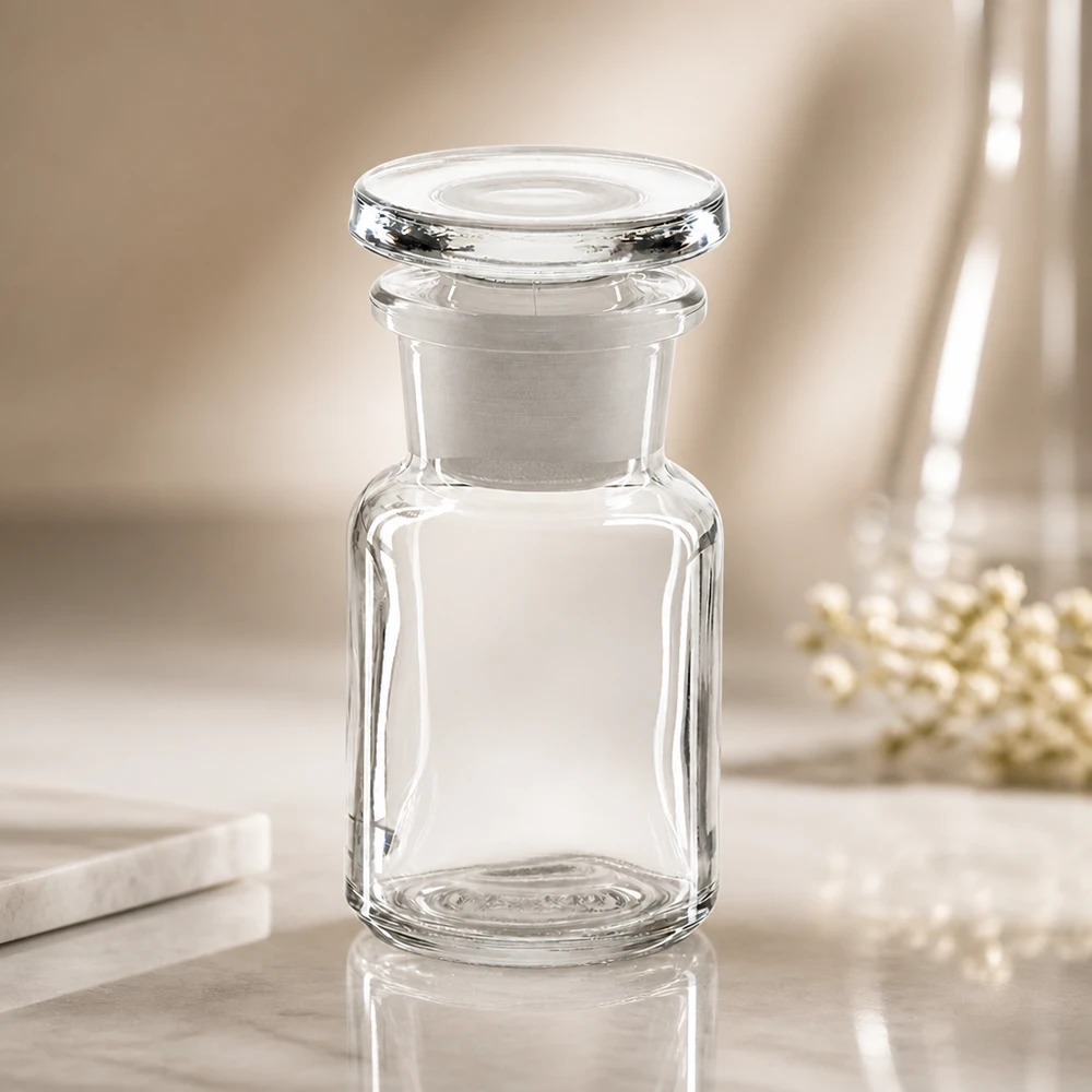 Tom, genomskinlig apoteksflaska på 50 ml med bred hals och rund glaspropp på marmor