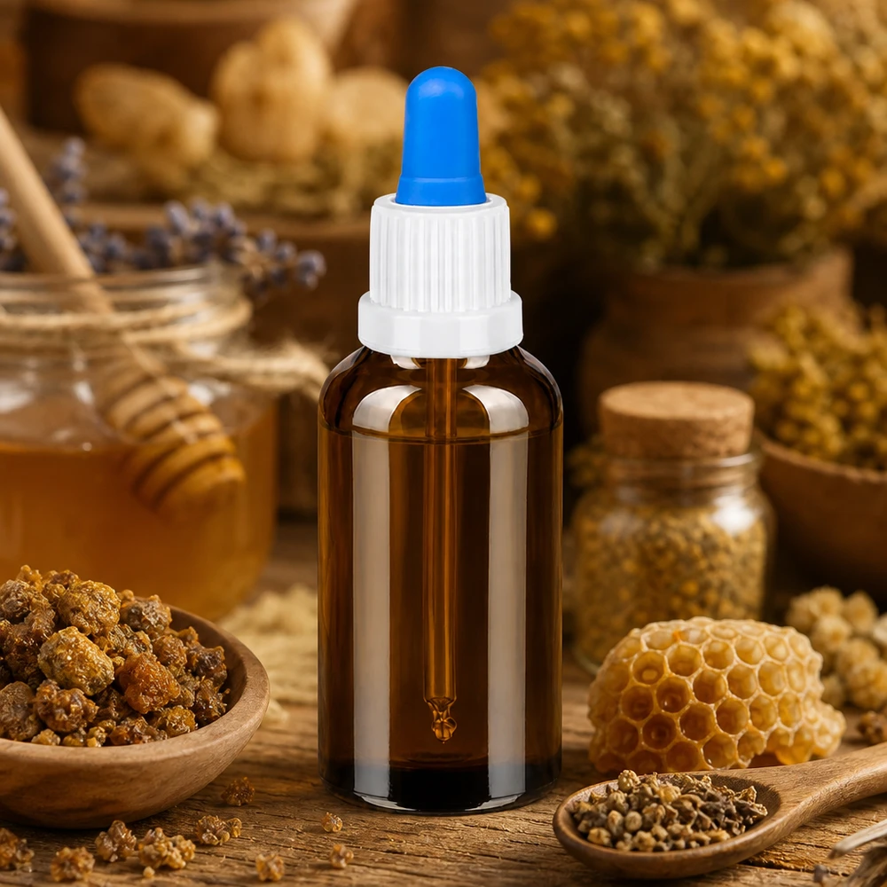 30 ml pipettflaska vit/blå med säkerhetsförslutning BrownLine UT18/30 Professionell 30 ml pipettflaska med blå pipett för exakt droppdosering inom naturläkemedel