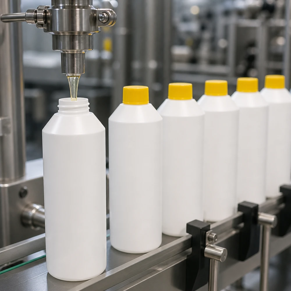 Fyllningsanläggningen fyller vita HDPE-flaskor på 250 ml med gula skruvkorkar i industriell skala