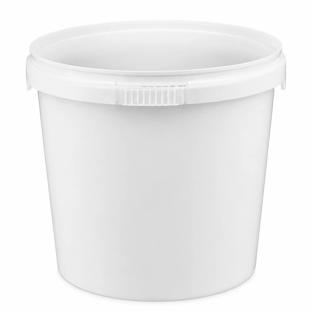 1-liters hink av vit polypropylenplast utan lock Vit plasthink på 1 liter av PP utan lock, avsedd för livsmedel och industriellt bruk