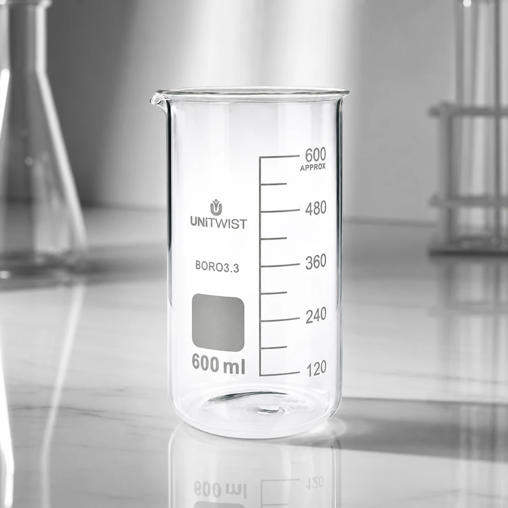 Bägare 600ml borosilikat, högformad UNiTWIST UNITWIST bägare, 600 ml, hög modell, borosilikatglas, tom, på laboratoriebordet med en Erlenmeyer-kolv i bakgrunden