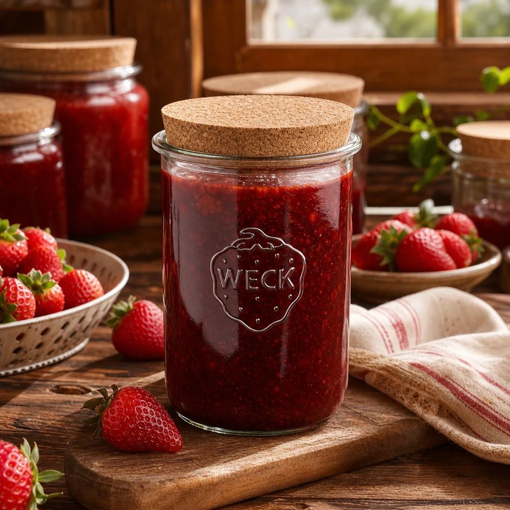 WECK glas 1000ml RR100 med korklock fyllda med jordgubbssylt omgivna av färska jordgubbar rustikt kök