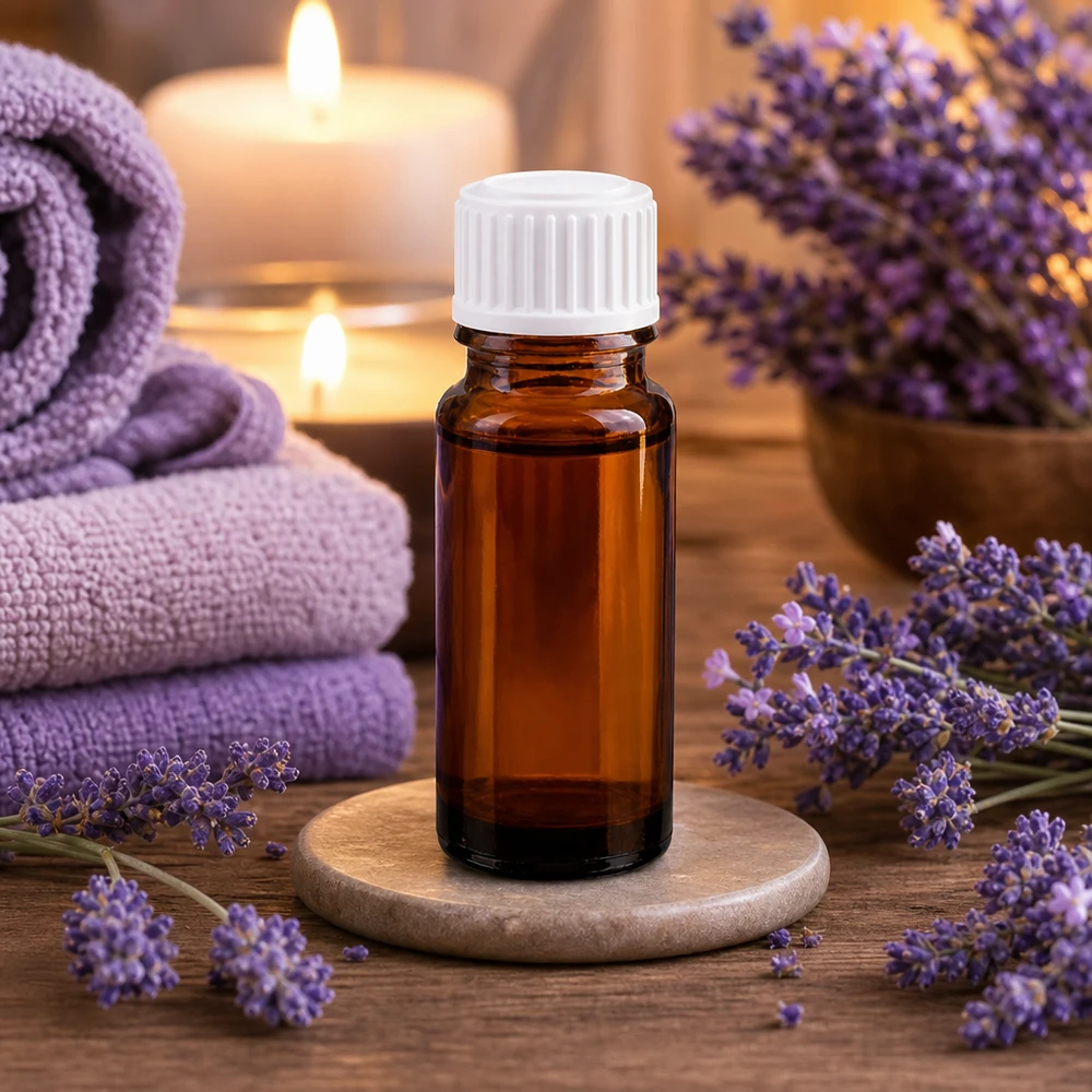 Apoteksflaska brun 10ml skruvkork vit standard Aromaterapi-flaska i brunt glas, 10 ml, med vitt lock, mellan lavendelblommor och ljus