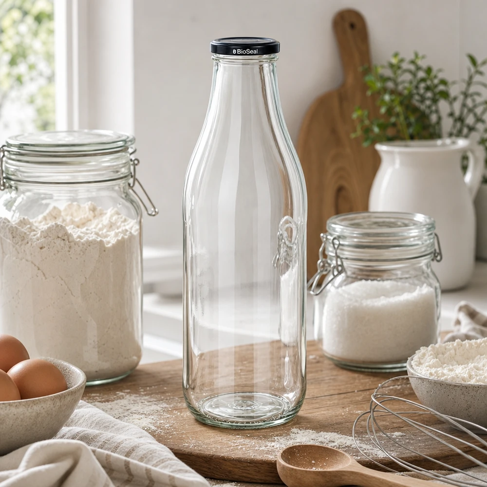 1000 ml glasflaska med BioSeal-lock i köket mellan förvaringsburkar mjöl socker köksredskap livsstil