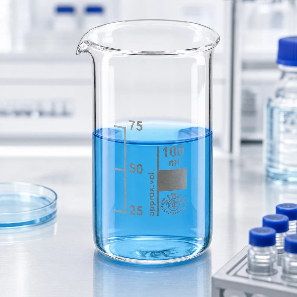 Precisionsbägare, 100 ml, hög modell med ingraverad skala: 25, 50, 75 ml, borosilikatglas
