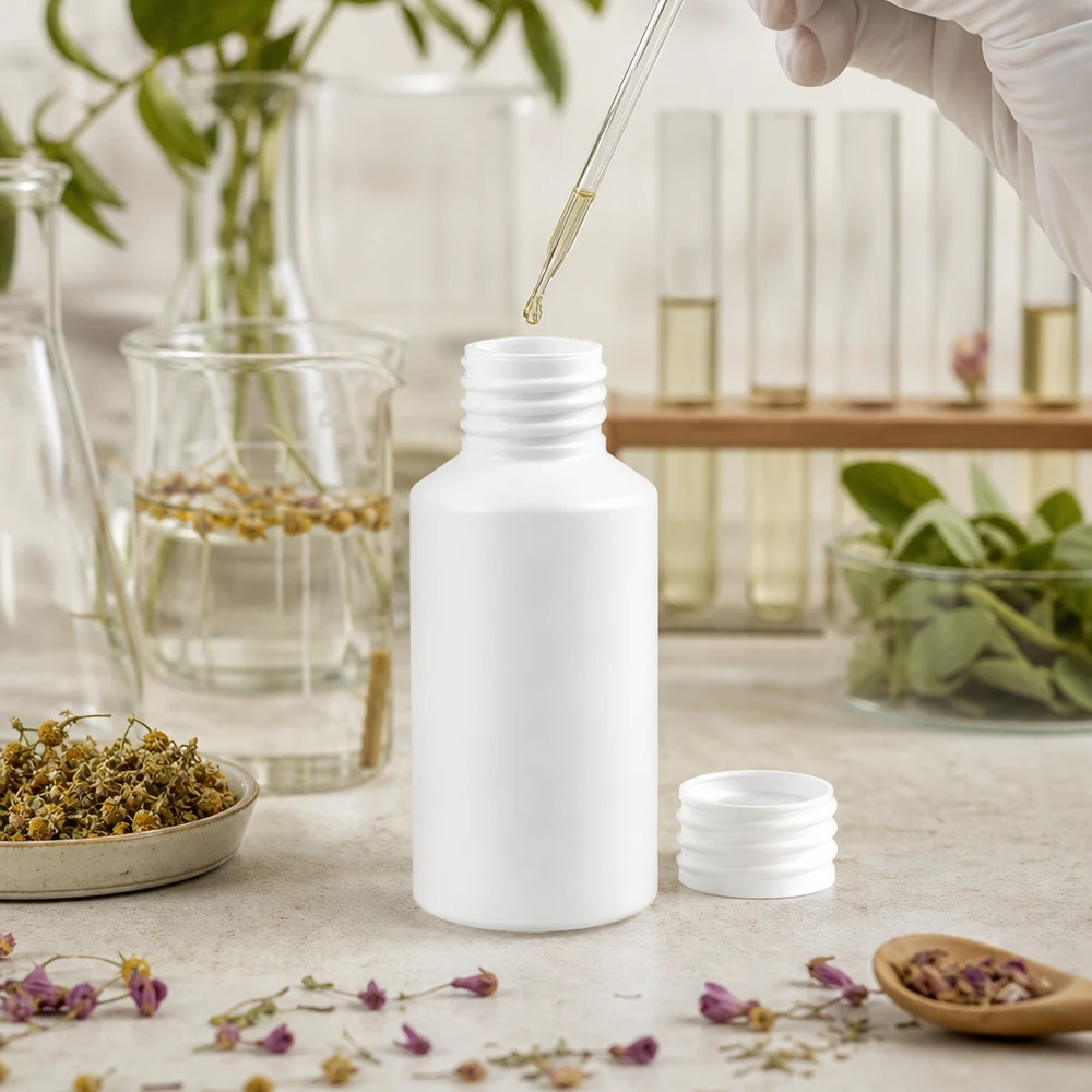 Apoteksflaska HDPE 50ml vit, utan lock Vit 50 ml HDPE-flaska utan lock bland torkade blommor och örter i en naturkosmetikmiljö