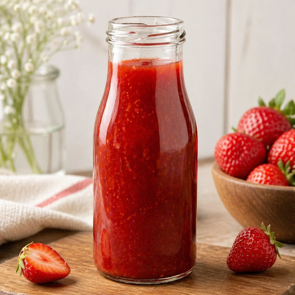 UNiTWIST Bottle150 Glasflaska 150ml TO43 fylld med jordgubbsjuice bredvid färska jordgubbar på träbord