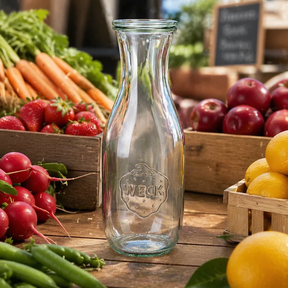 1062 ml juiceflaska med glaslock WECK RR60 WECK juiceflaska 1062ml transparent tom på träbord med färska fruktgrönsaker rädisor morötter citroner äpplen
