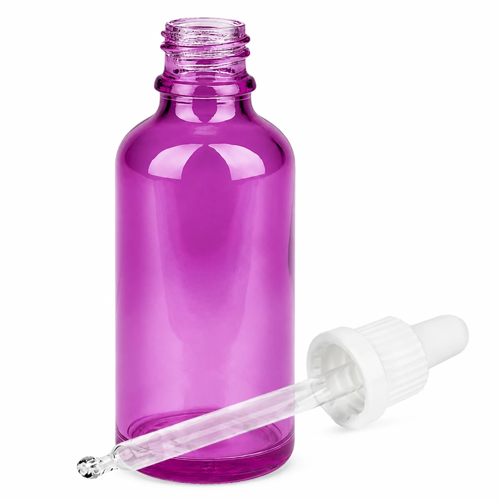 50ml pipettflaska vit Originality skruvkork PurpleLine UT18/50 Lila glasflaska 50 ml med pipett för kosmetika och eteriska oljor - exakt applicering
