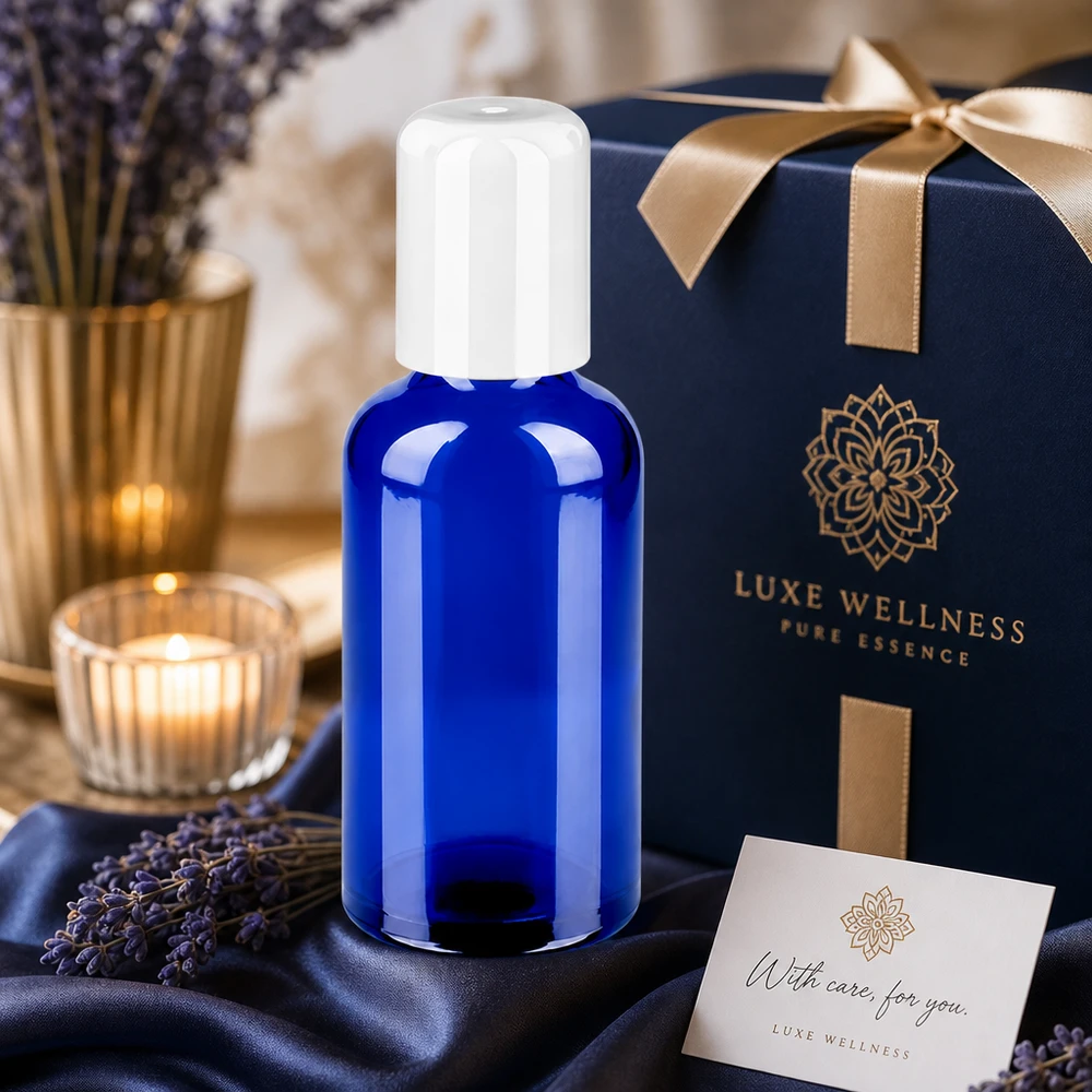 50 ml BlueLine roll-on-flaska med vitt STD-lock för enkel dosering och applicering