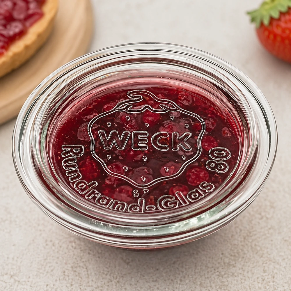 WECK glaslock RR80 WECK Glasdeckel RR80 mit Marmelade befüllt zeigt praktische Verwendung als Schale für Konfitüre und Aufstriche