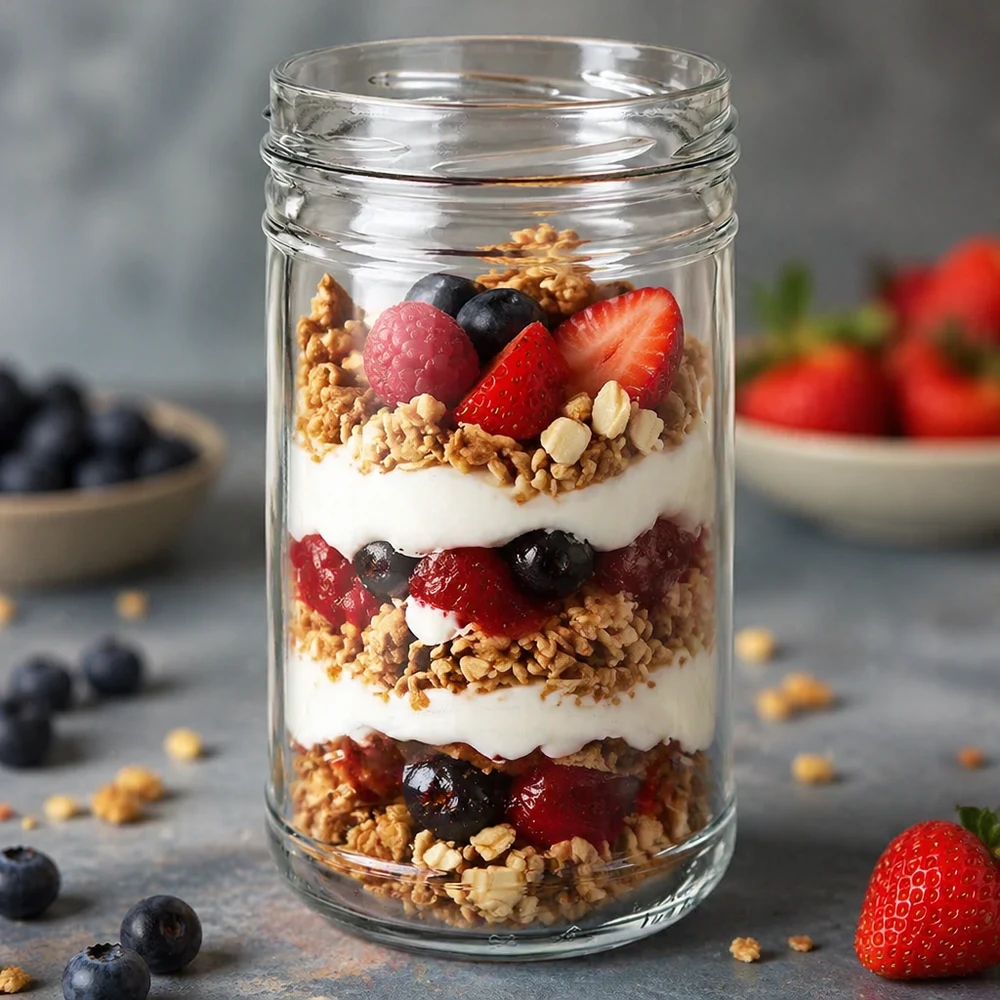 UNiTWIST-glas 1053ml TO100 fyllda med yoghurt, müsli, bär och dessert i lager som ett applikationsexempel kök