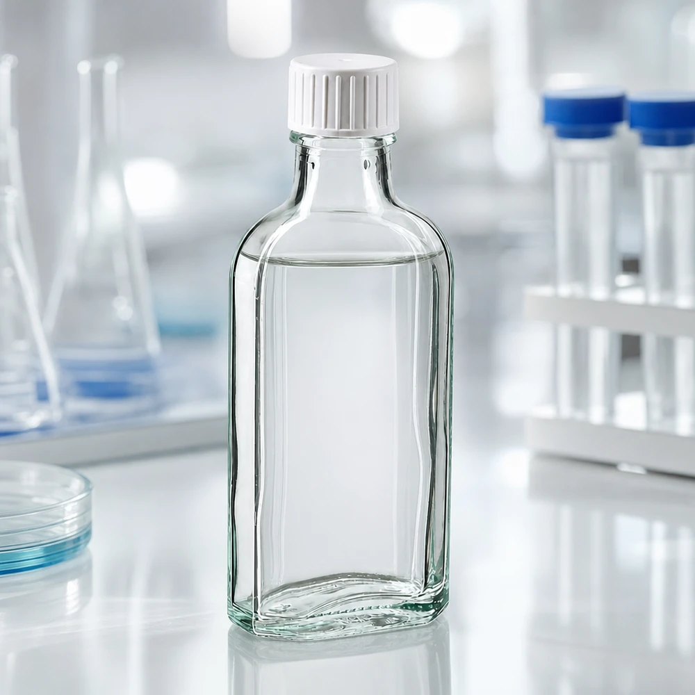 Platt 100 ml Meplat-glasflaska med vitt skruvlock och hällring i stående format