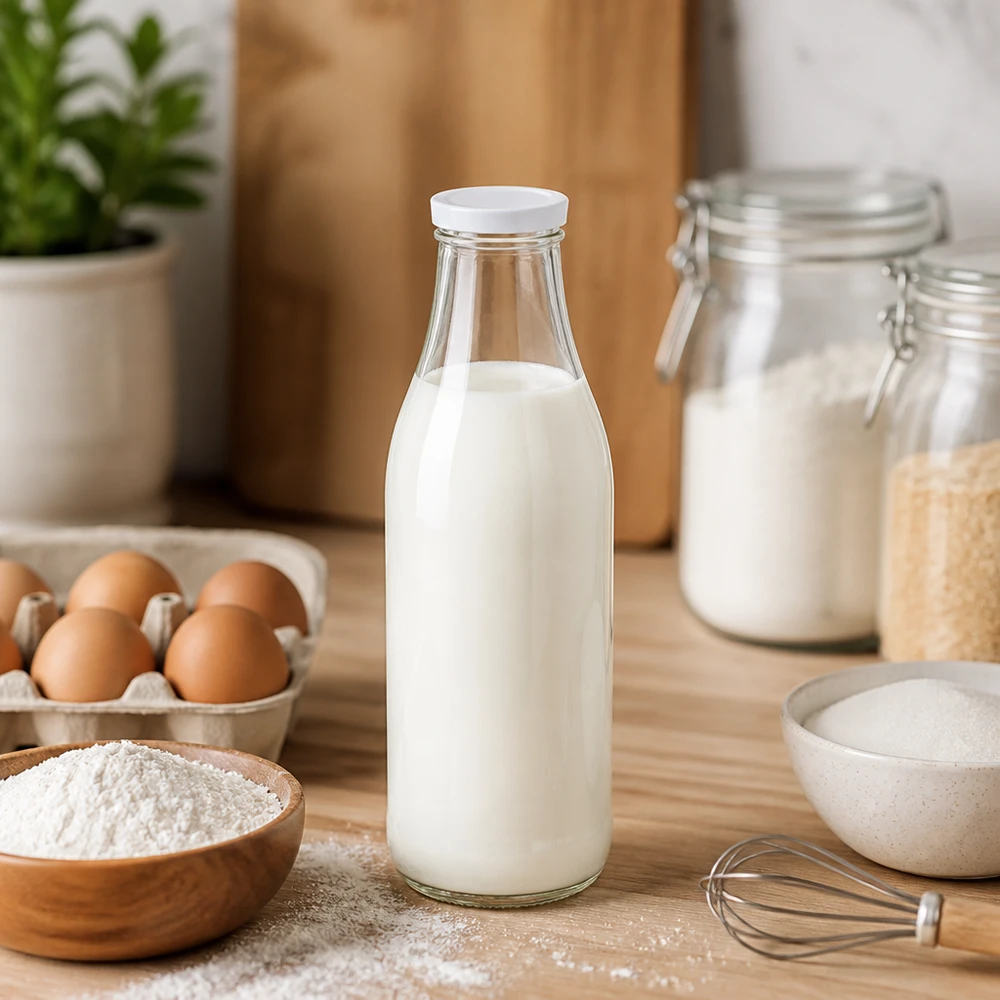 1000 ml glasflaska fylld med mjölk BasicSeal lock vit Kökslandskap Bakning ingredienser Ägg Mjöl Förvaringsbehållare
