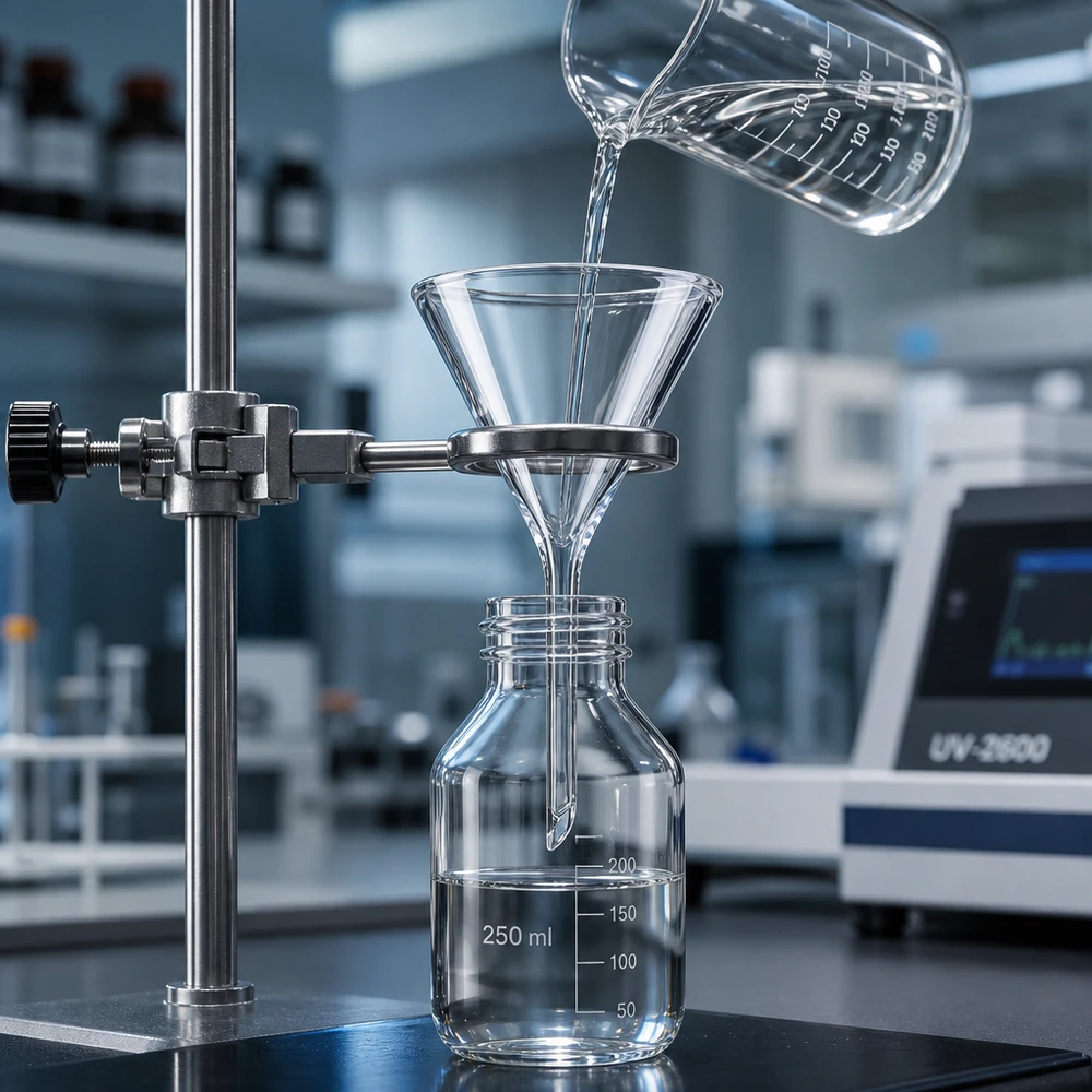 Tratt ø40mm soda lime, vinkel 60°, kort modell Kompakt 40 mm laboratorietratt av soda-lime-glas med utrymmessnålt kort handtag för trånga arbetsutrymmen