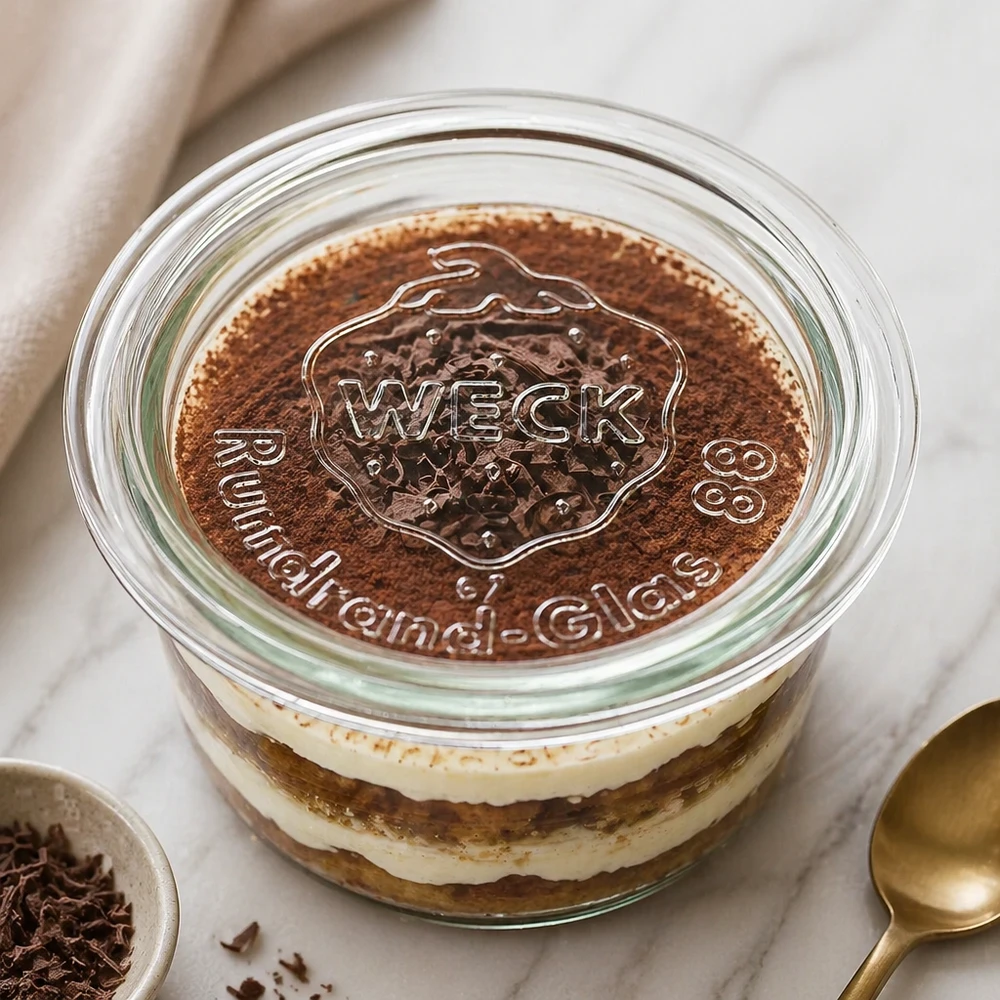 WECK glaslock RR80 WECK glaslock RR80 på tiramisudessert i Weck-burk med präglad logotyp och kakaopulver som köksscen
