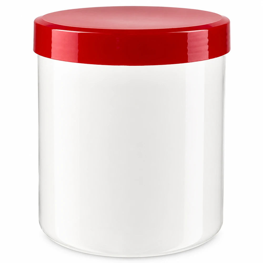 Salvburk 10g vit med rött skruvlock (polypropylen) Vit salvorburk 10 g med rött skruvlock av PP-plast för salvor och krämer
