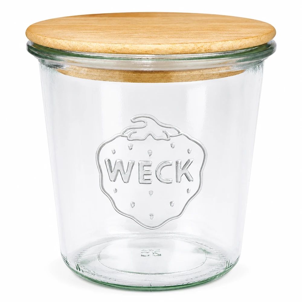 580ml WECK RR100 Krossade glasögon med trälock 580 ml WECK RR100 murarburk med lock i naturligt trä, transparent murarburk med präglad logotyp