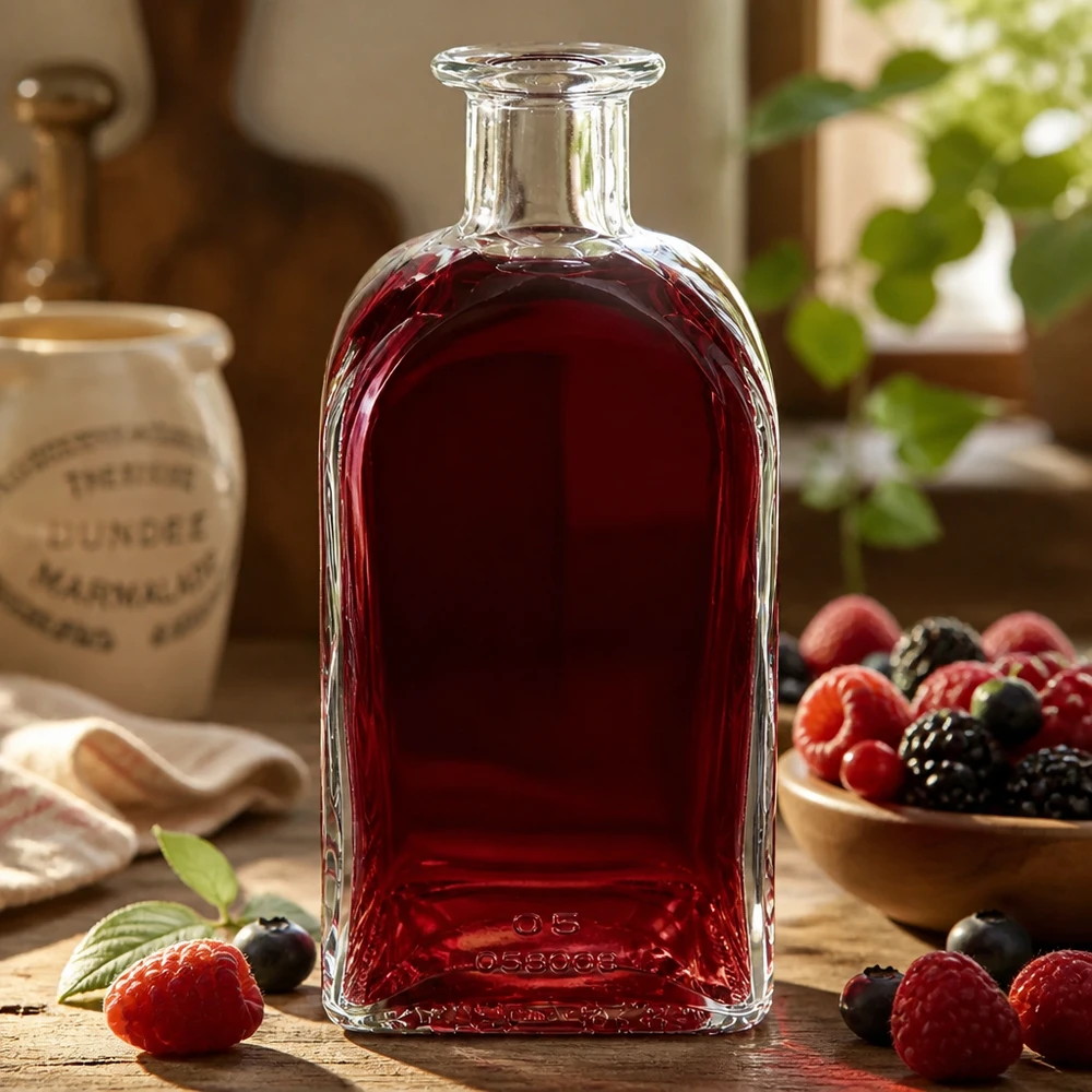 Glasflaska Julia 500ml fylld med röd vätska omgiven av bär som dekoration på träbord