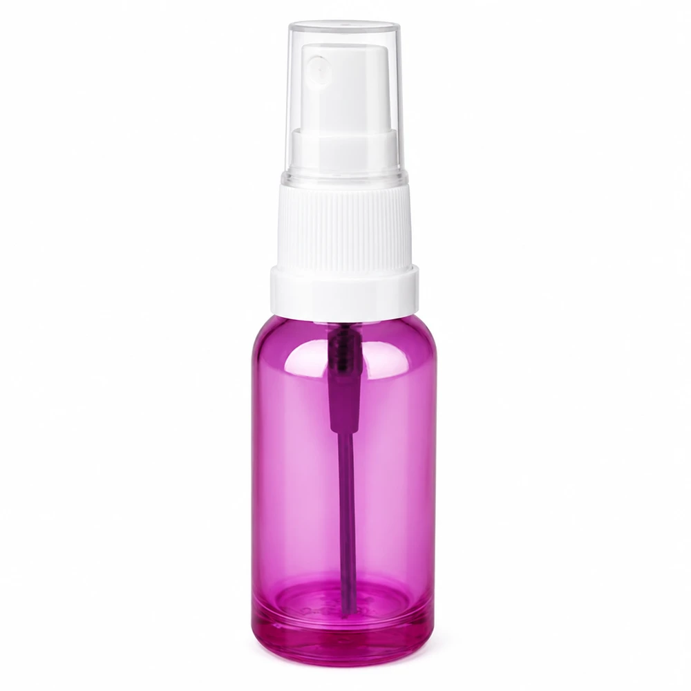 20 ml sprayflaska lila transparent med vit pumpspruta för kosmetika och vårdprodukter