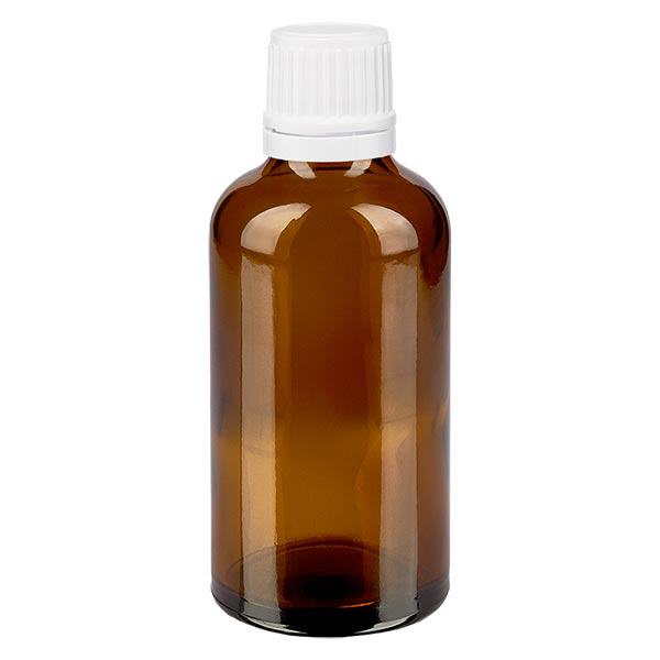 Apoteksflaska brun 50ml droppkork 1,2mm vit sabotagesäker förslutning