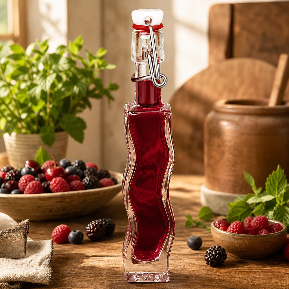 40 ml Glasflaska Fila med PVC-klämförslutning UNiTWIST® 40ml Glasflasche Anna mit Beerensaft gefüllt, dekorativ arrangiert mit frischen Beeren und Minze auf Holztisch