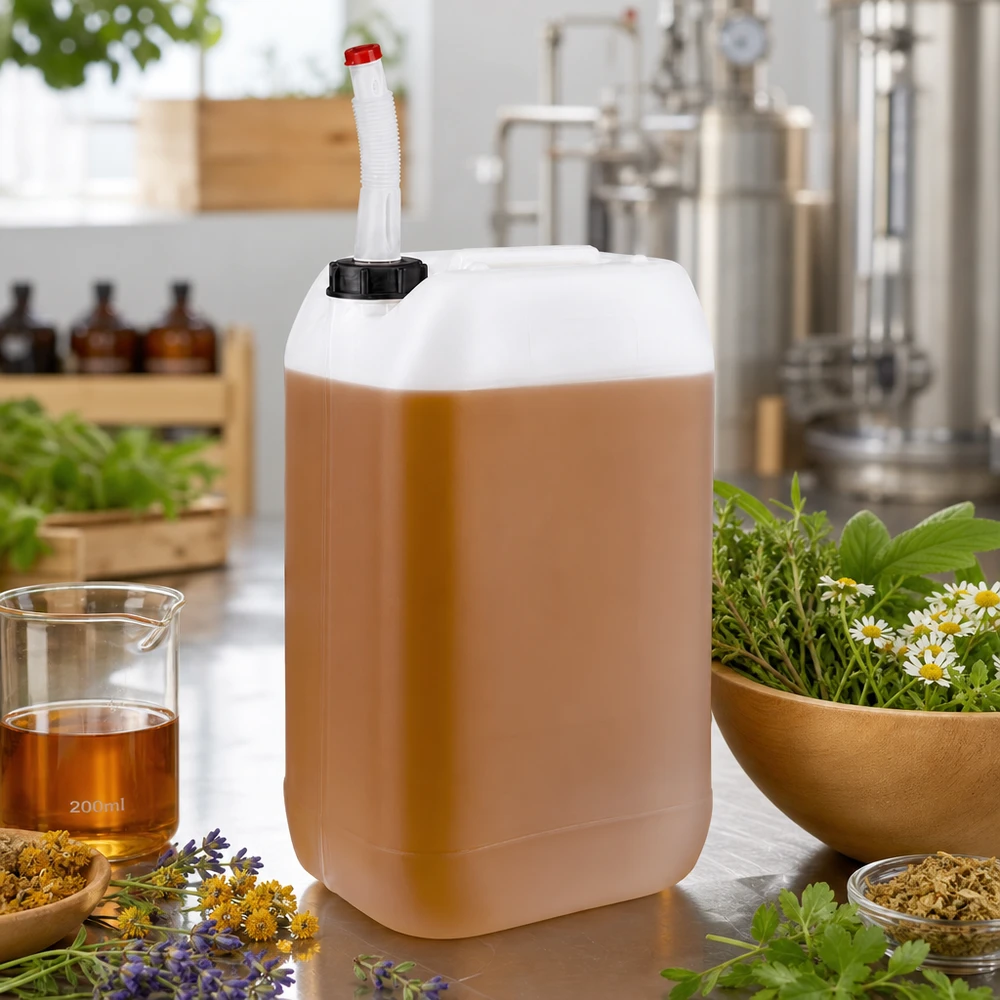 Dunk 15 liter med flexutloppsrör Genomskinlig 15-litersdunk med bärnstensfärgad vätska och böjbar pip