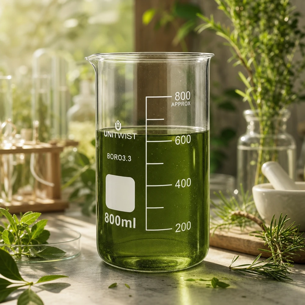 800 ml högt begerglas av typen UNITWIST med grönt växtextrakt omgivet av färska örter