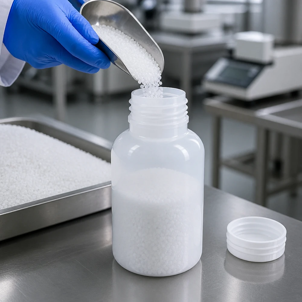 250ml laboratorieflaska med bred hals utan lock Vita 250 ml-flaskor med vid hals av HDPE utan lock på en yta av rostfritt stål i laboratoriet