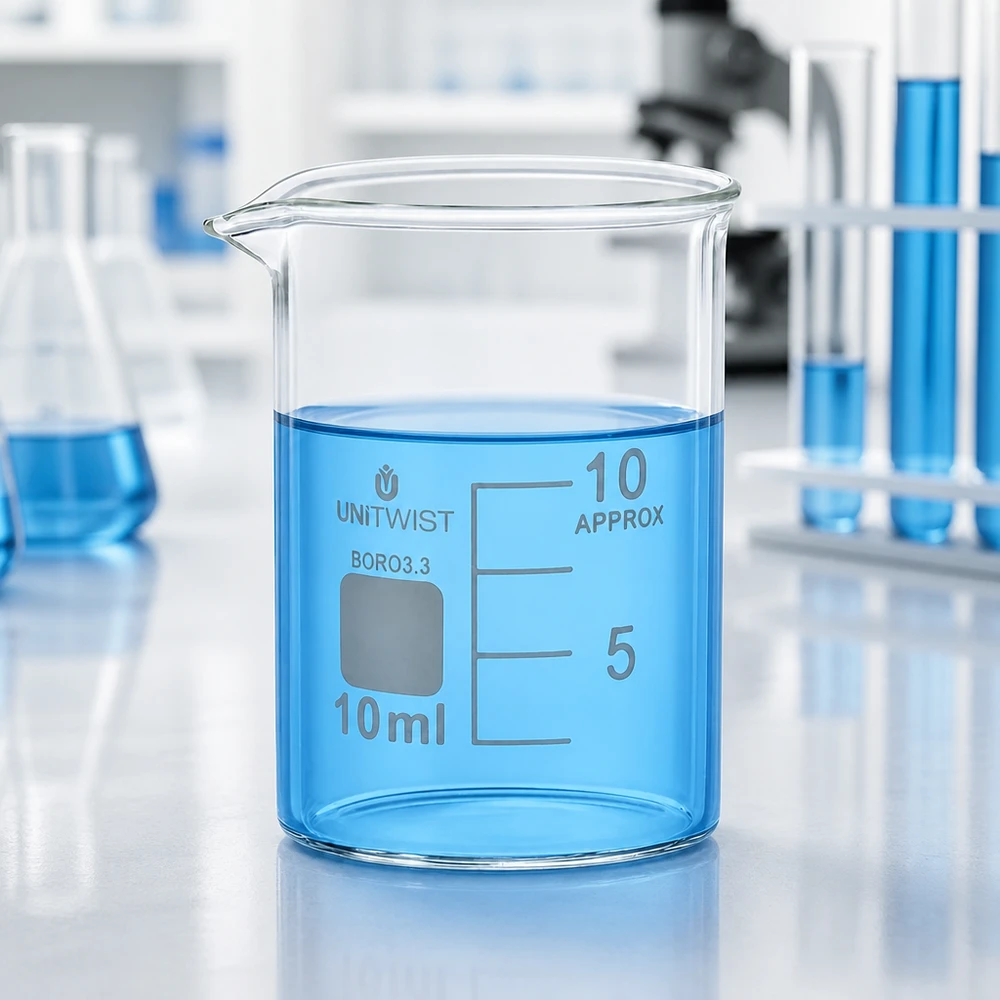 Bägare 10ml borosilikat, lågformad UNiTWIST Genomskinligt laboratoriebägareglas på 10 ml med blå vätska på ett vitt laboratoriebord