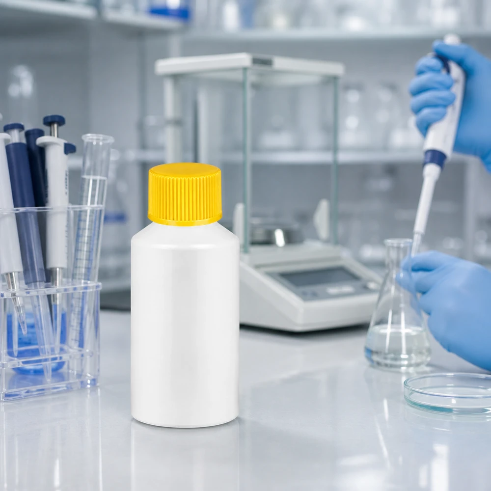Liten vit HDPE-apotekflaska på 50 ml med gult barnsäkert lock på en vit laboratorieyta