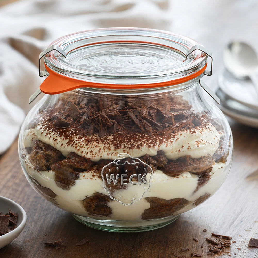 WECK konserveringsburk 560ml fylld med tiramisu-dessert, demonstration av praktisk användning som förvaringsburk
