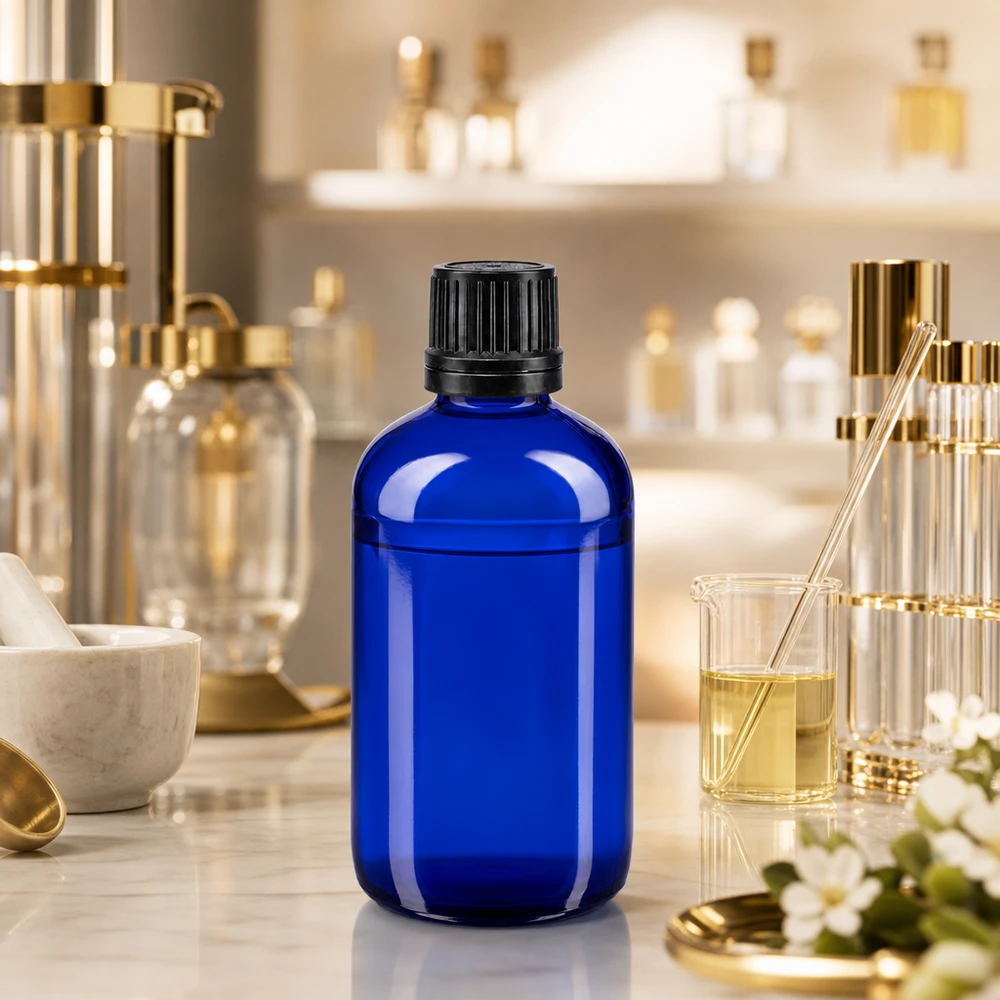 Apoteksflaska blå 100ml skruvkork svart hällring manipulationsskyddad förslutning Blå 100 ml apotekarflaska i glas med svart OV-lock i parfymlaboratoriet