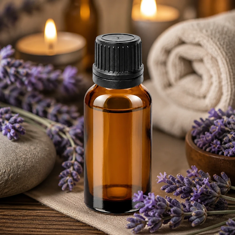 Droppflaska för aromaterapi 20ml brun för lavendelolja och naturliga dofter med svart lock