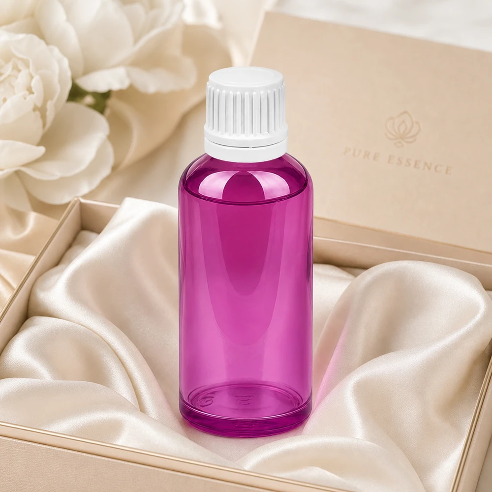 50ml droppflaska 0,7mm vit Originality skruvkork PurpleLine UT18/50 Elegant 50 ml droppflaska i Purple Line-design med vitt lock för aromaterapi