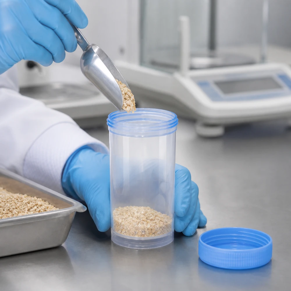 Universal plastburk (patologkärl) 100ml Laboratorieteknikern fyller ett genomskinligt provrör på 100 ml med spannmålspartiklar med hjälp av en metallskopa